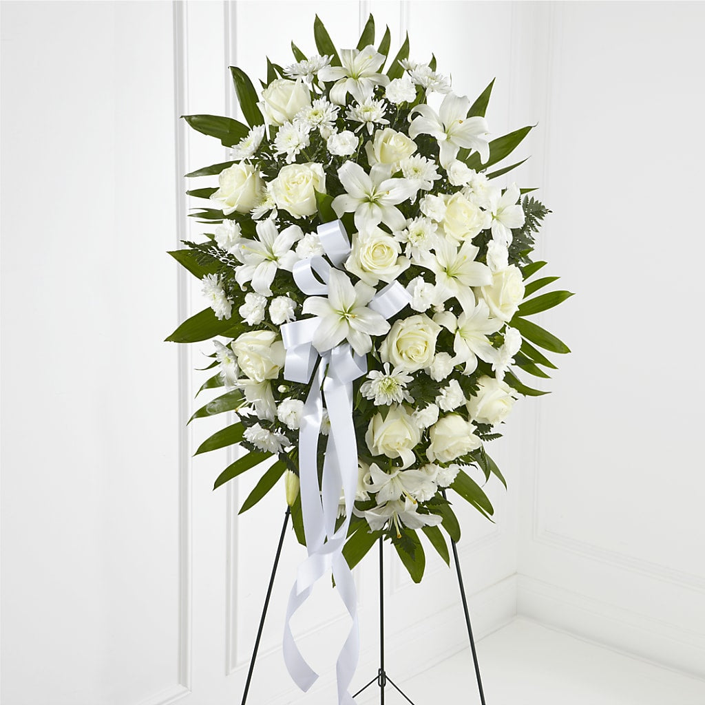Exquisite Tribute Standing Spray-White Ribbon – Family Florist, Red Springs NC