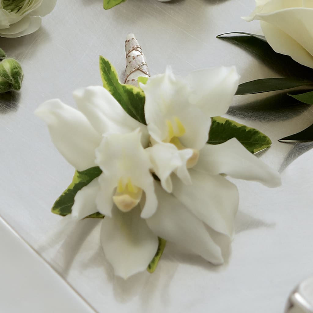 White Mini Cymbidium Boutonniere – Family Florist, Red Springs NC